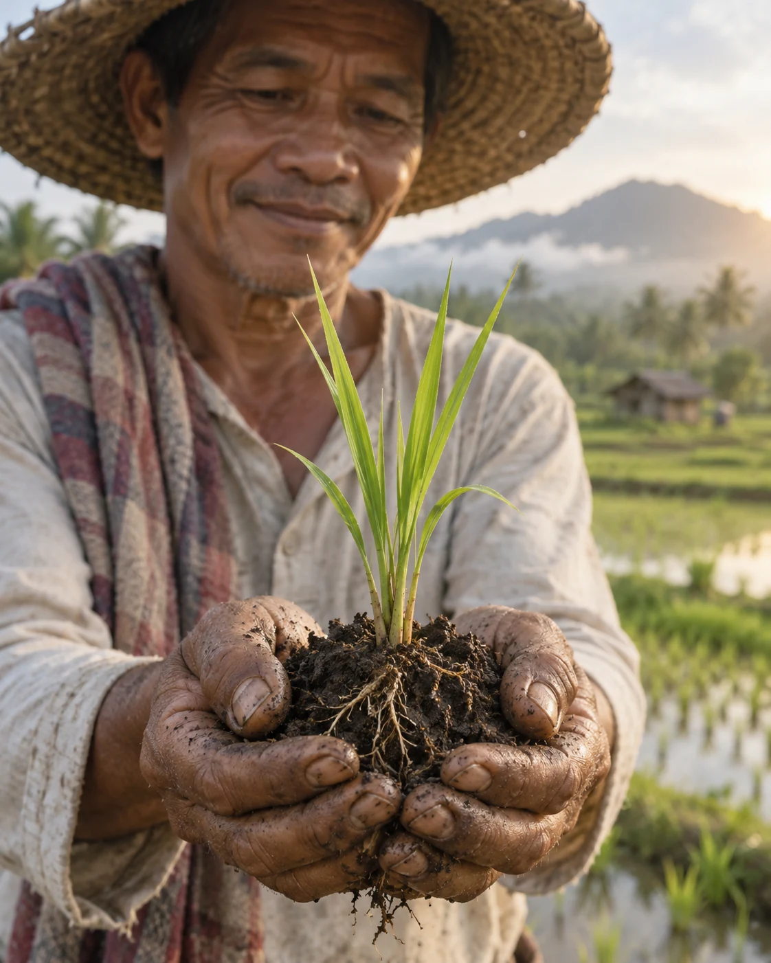 Illustration of a Filipino farmer holding a young rice seedling